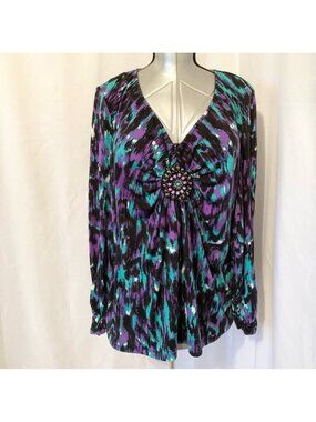 ECI Purple and Teal Patterned Blouse XXL